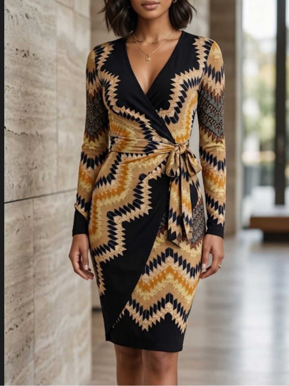 Cache AUTUM faux Wrap Abstract print Long Sleeves Dress